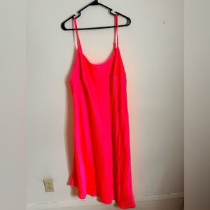 Hot pink satin midi dress.